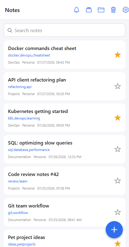 Pozzy notes list, light theme